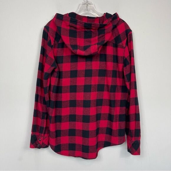 Aritzia TNA Brewster Boyfriend Hooded Buffalo Plaid Flannel Shirt Shaket M Red - Picture 7 of 16